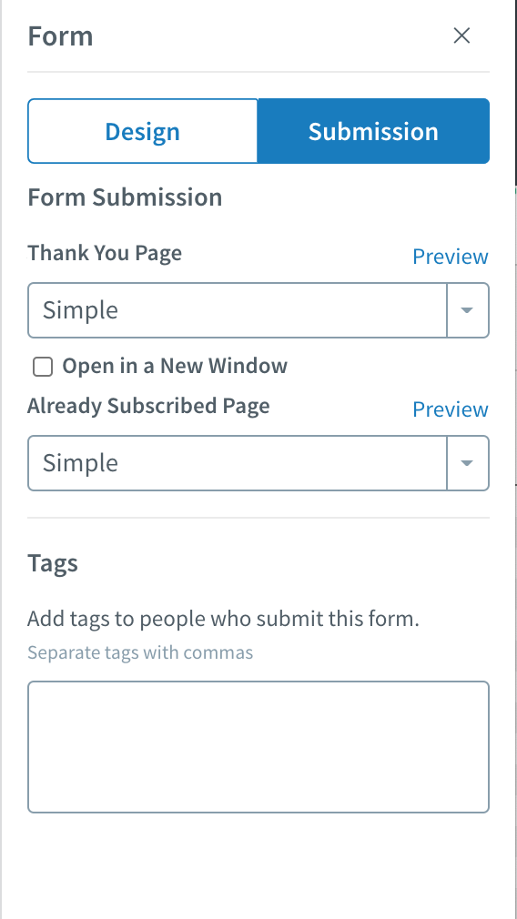 Landing page form to add tags