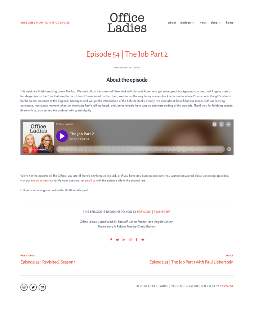 Landing page example of Office Ladies podcast