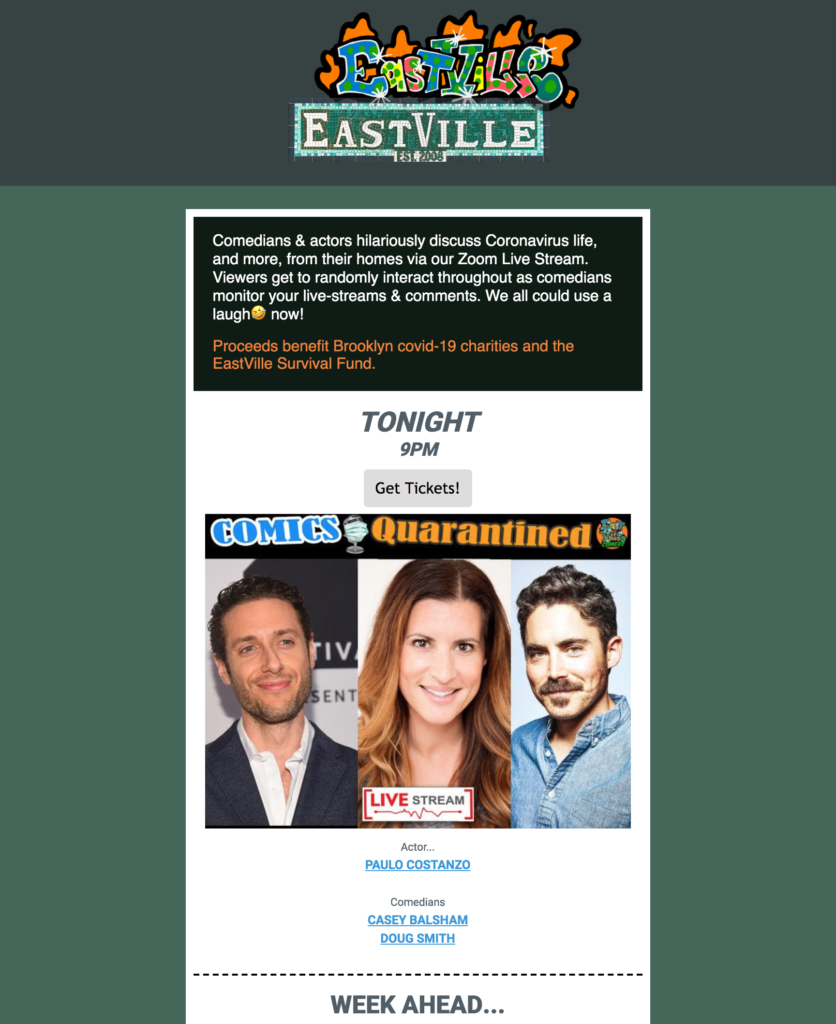 Make a Lasting First Impression with AWeber’s Newsletter Templates and Email Builders EastVille Comedy template created with Smart Designer