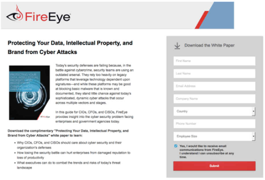 FireEye landing page on protecting your data, intellectual property, and brand from cyber attacks.