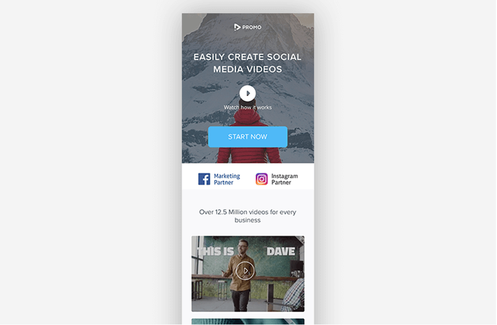 Simple landing page from Promo featuring beautiful video content.