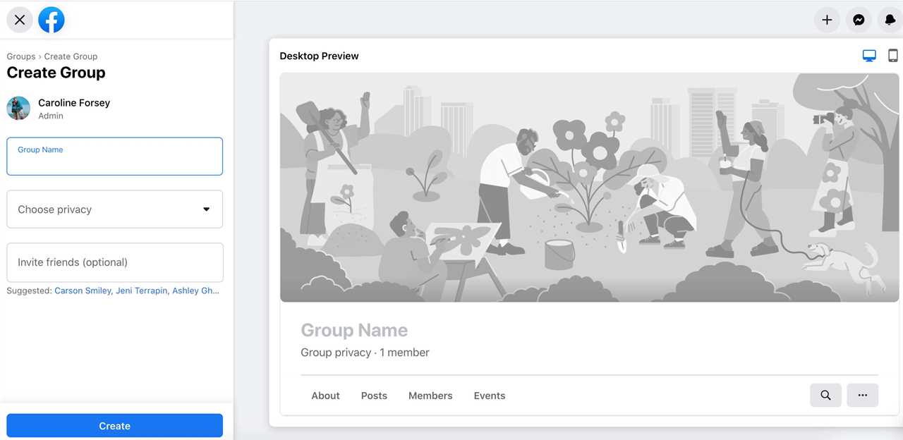 dashboard for creating a new facebook group