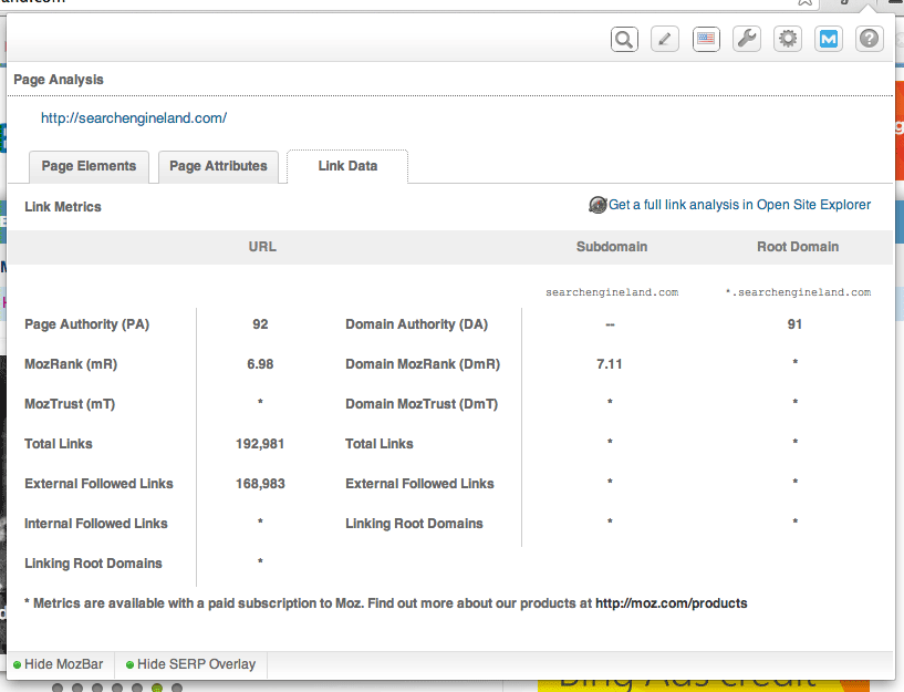 mozbar free seo tool link data tab